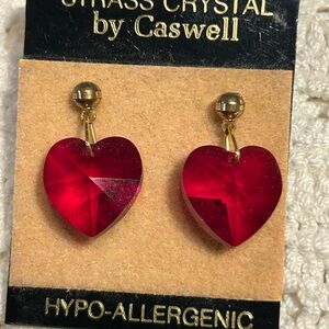 Vintage Golden Metal and Red Heart Crystal Earrings